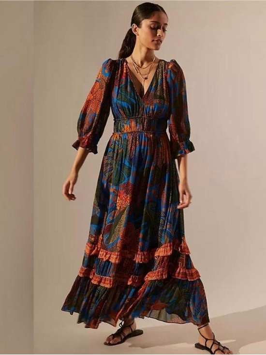 FARM Rio Dresses & Skirts - Bohemian V-Neck Maxi Dress in Blue and Rust
